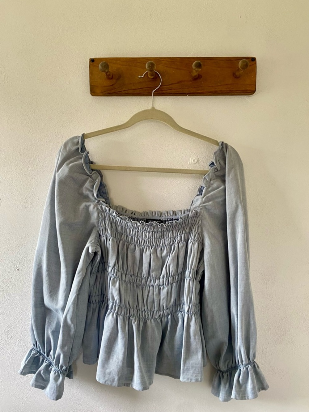 Who What Wear Light Blue Smocked Top with Ruffle Trim, 100 Cotton, M